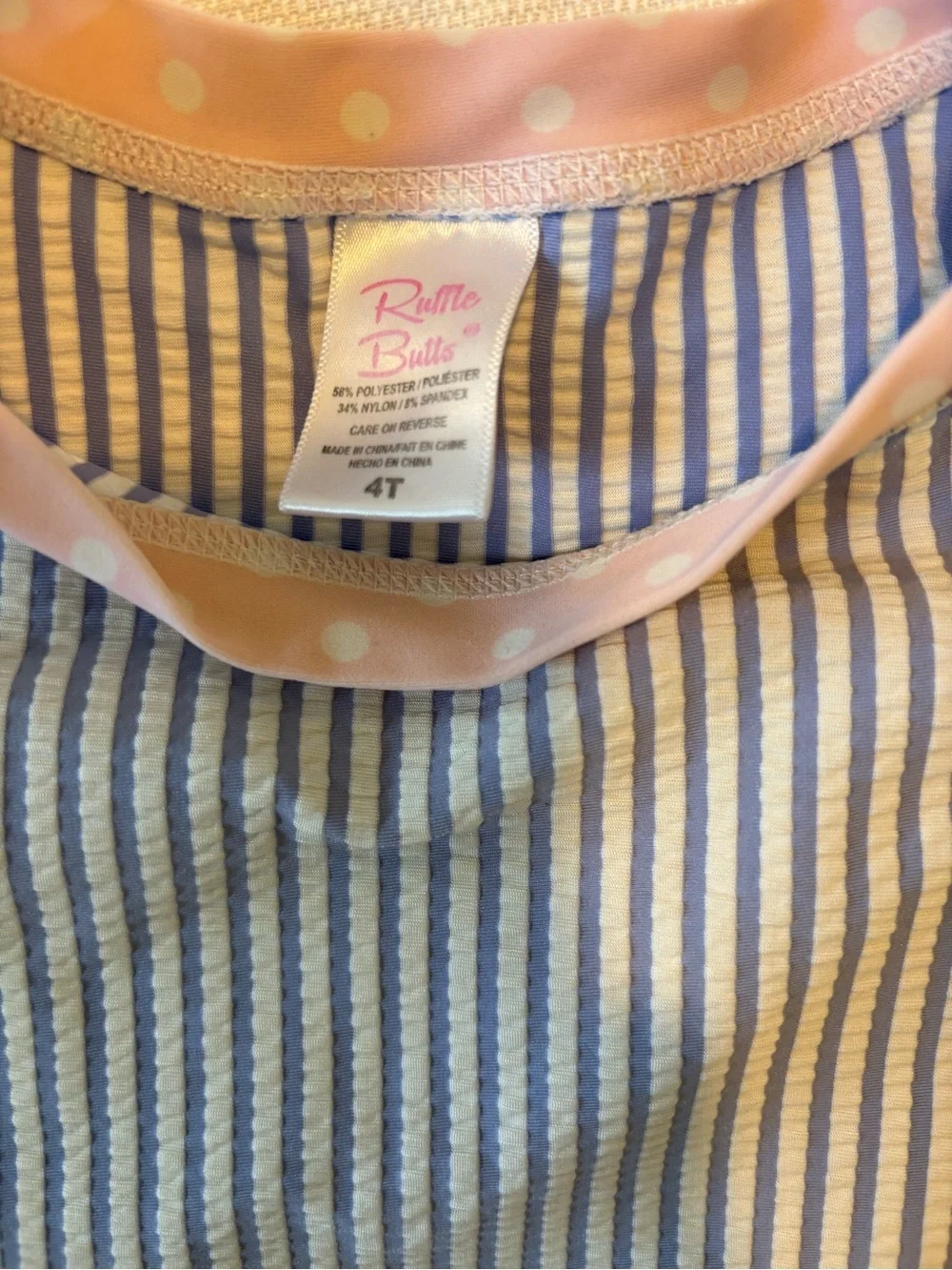 Rufflebutts Girls' Blue & Cream Striped Long-Sleeve swim with Pink Ruffle